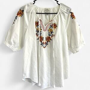 St. John's Bay Embroidered Floral Boho Peasant Blouse with Tassels